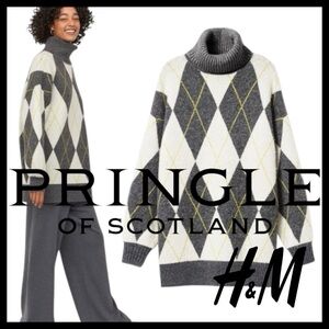 Pringle of Scotland x H&M Grey/White Argyle Oversized Turtleneck Sweater (S)